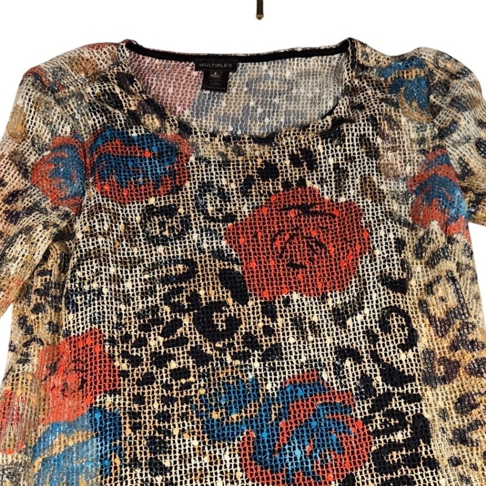 Multiples Womens Leopard Floral Mesh Tunic Top 3/4 Sleeve Multi Color Small